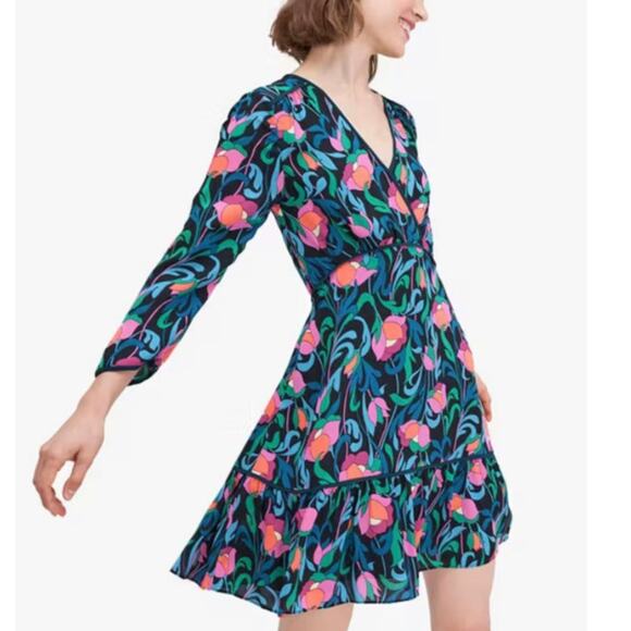 Kate Spade Floral Swirl Black Print Bright Color Women Size 0 Dress - Picture 1 of 8